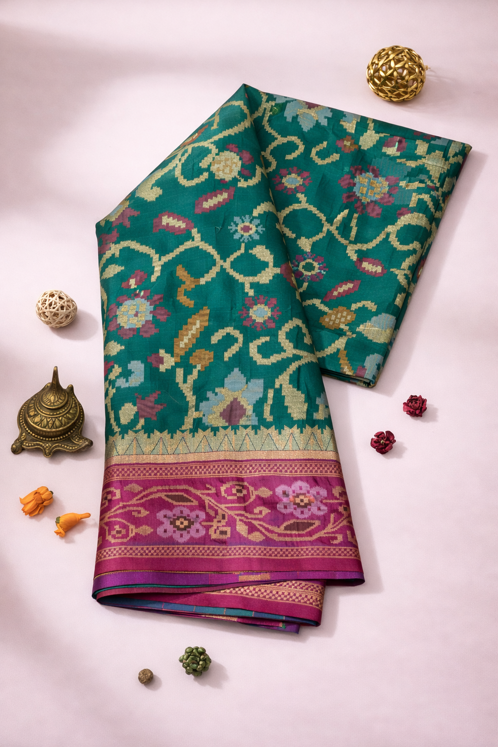 Rich Green & Purple Border Pochampally Ikat Soft Silk Saree