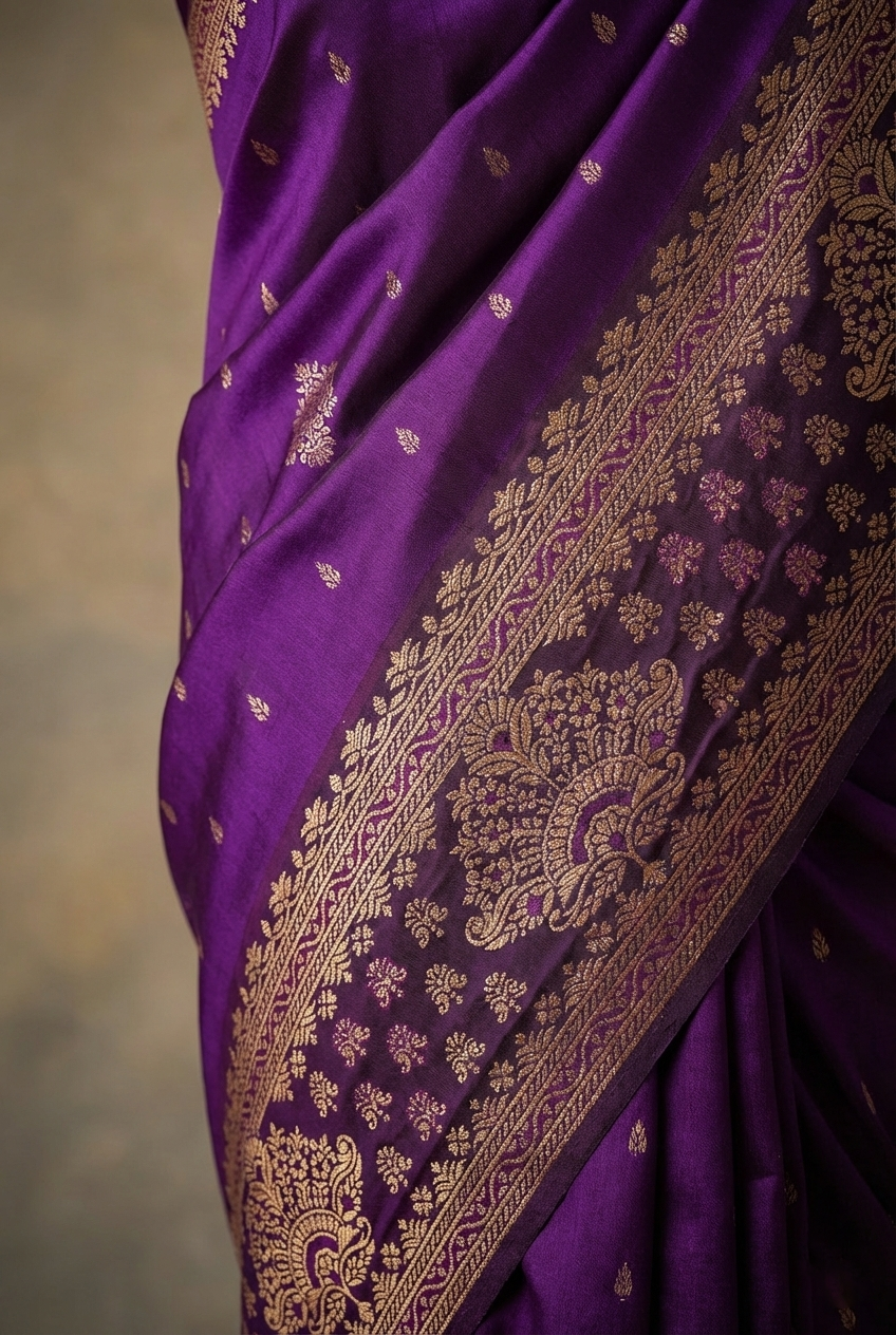 Royal Violet Resham Silk Saree With Gold Zari Border - No. AA2602