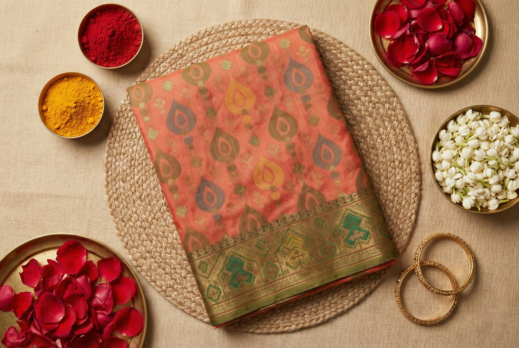 Coral Peach & Olive Pochampally Ikkat Silk Saree