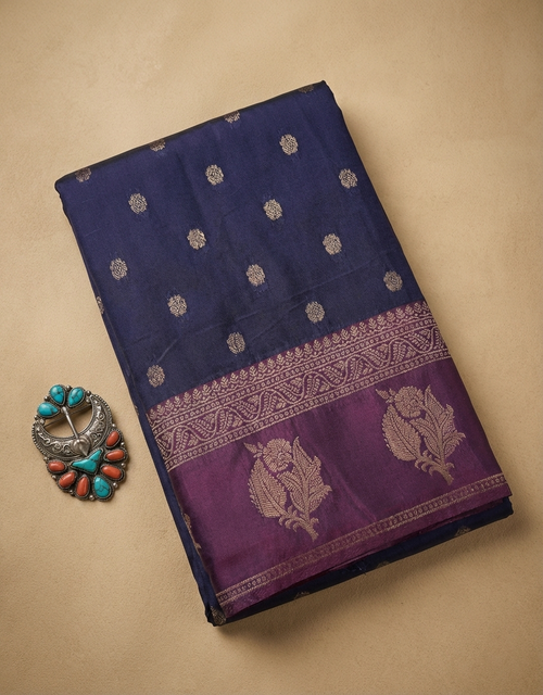Classic Navy Blue Resham Silk Saree with Wine Zari Border