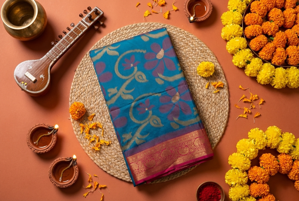 PI 01 Royal Teal & Magenta Zari Floral Silk Saree