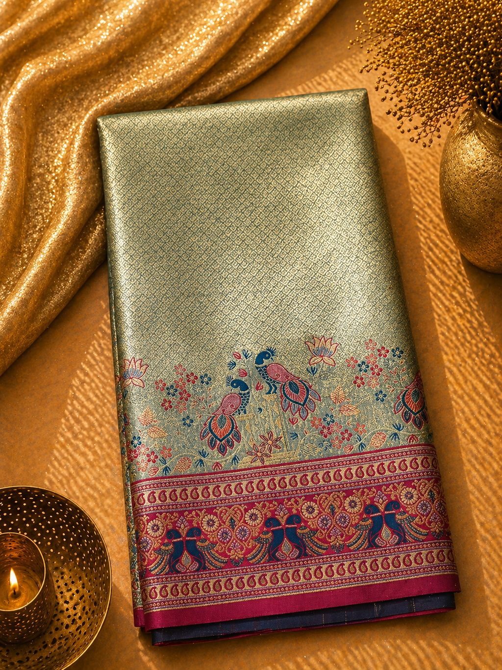 Sage Green Soft Silk Kanjivaram Saree with Magenta Peacock and Floral Nature Border