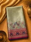 Sage Green Soft Silk Kanjivaram Saree with Magenta Peacock and Floral Nature Border