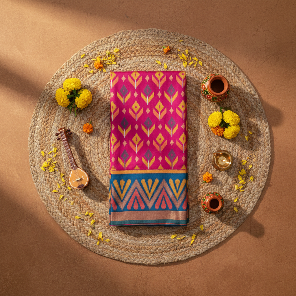 PIK-011 – Rani Pink & Blue Pochampally Ikkat Silk Saree