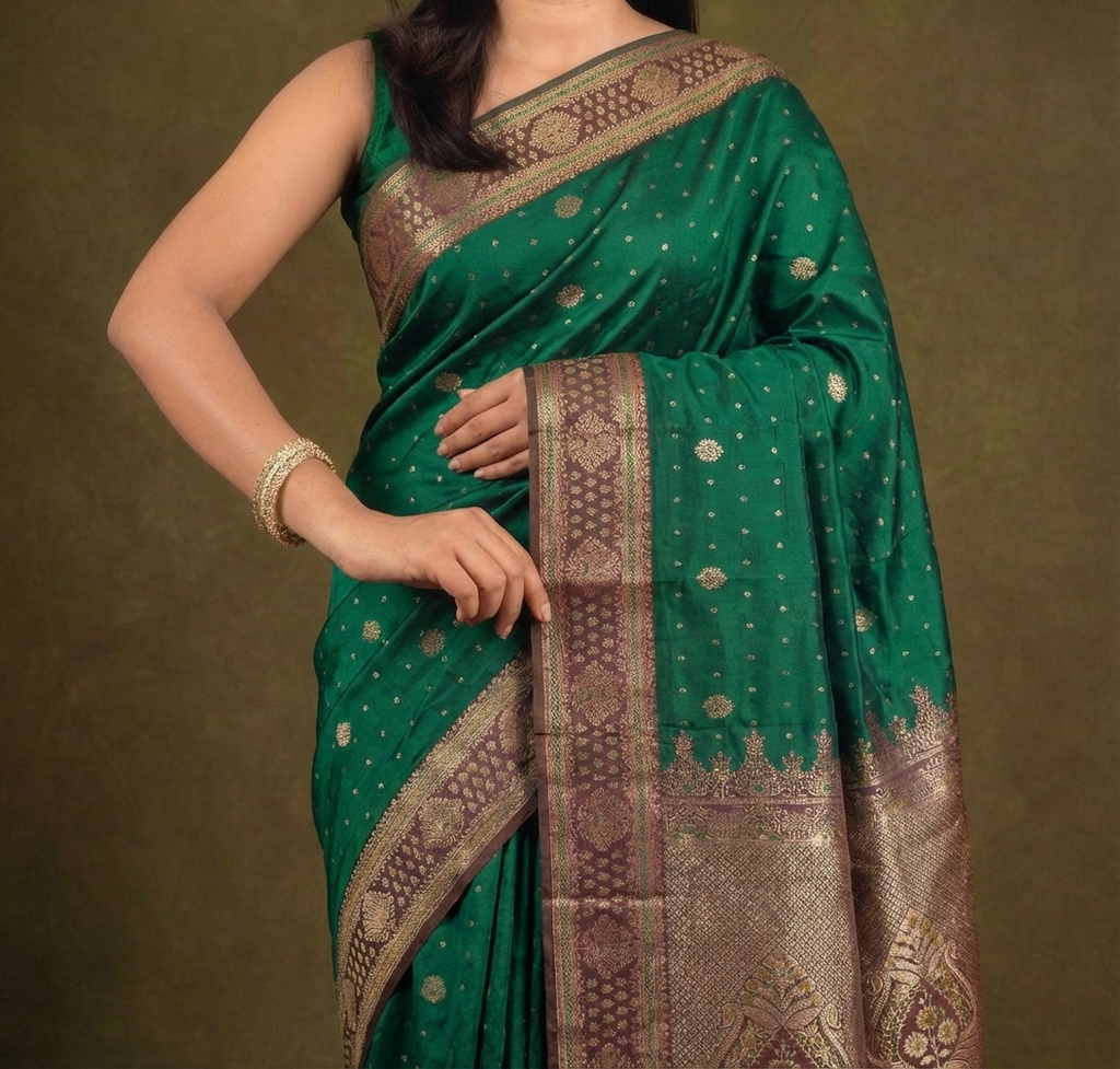 Emerald Green & Wine Resham Silk Saree With Zari Work - No. AA2602