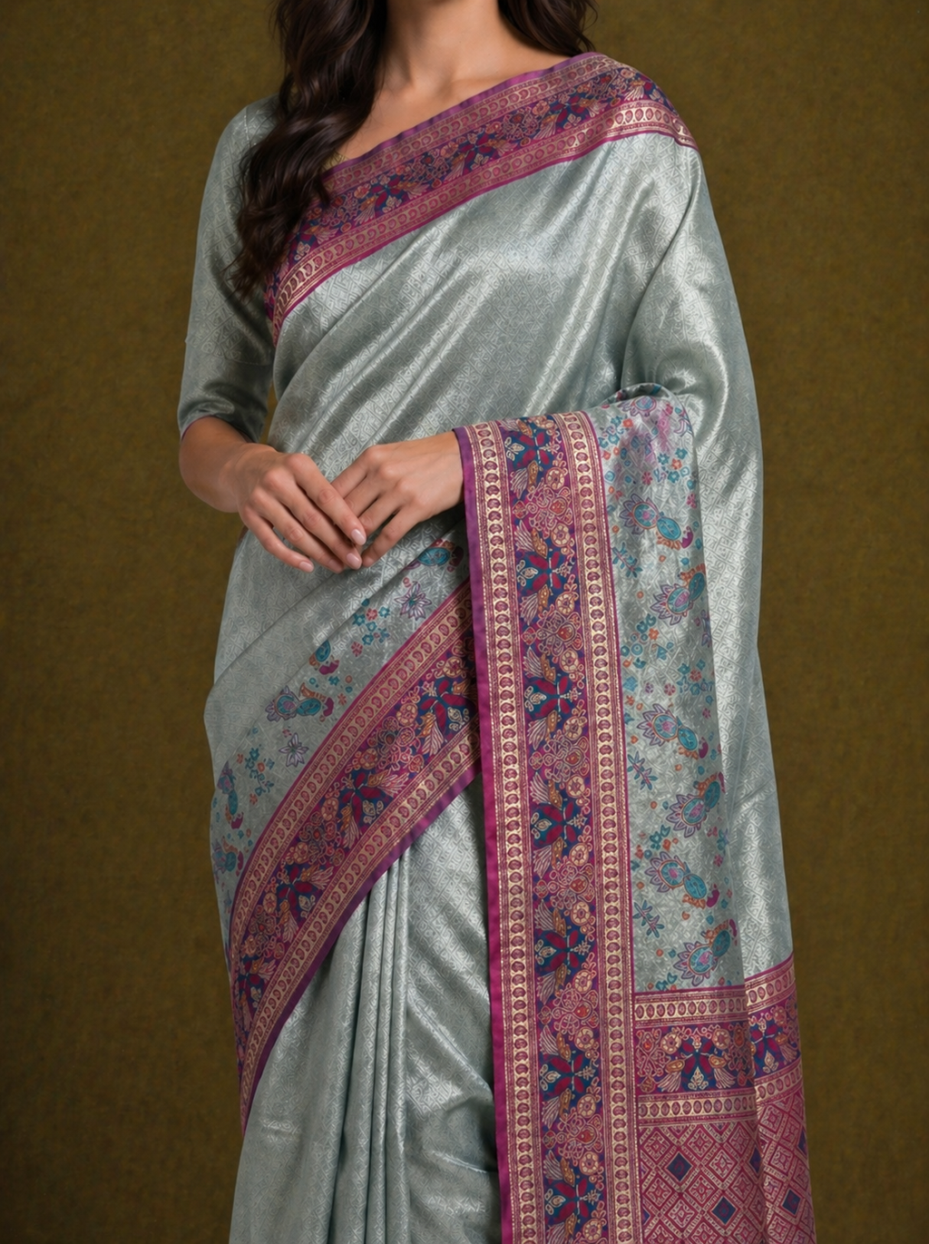 Sage Green Soft Silk Kanjivaram Saree with Magenta Peacock and Floral Nature Border