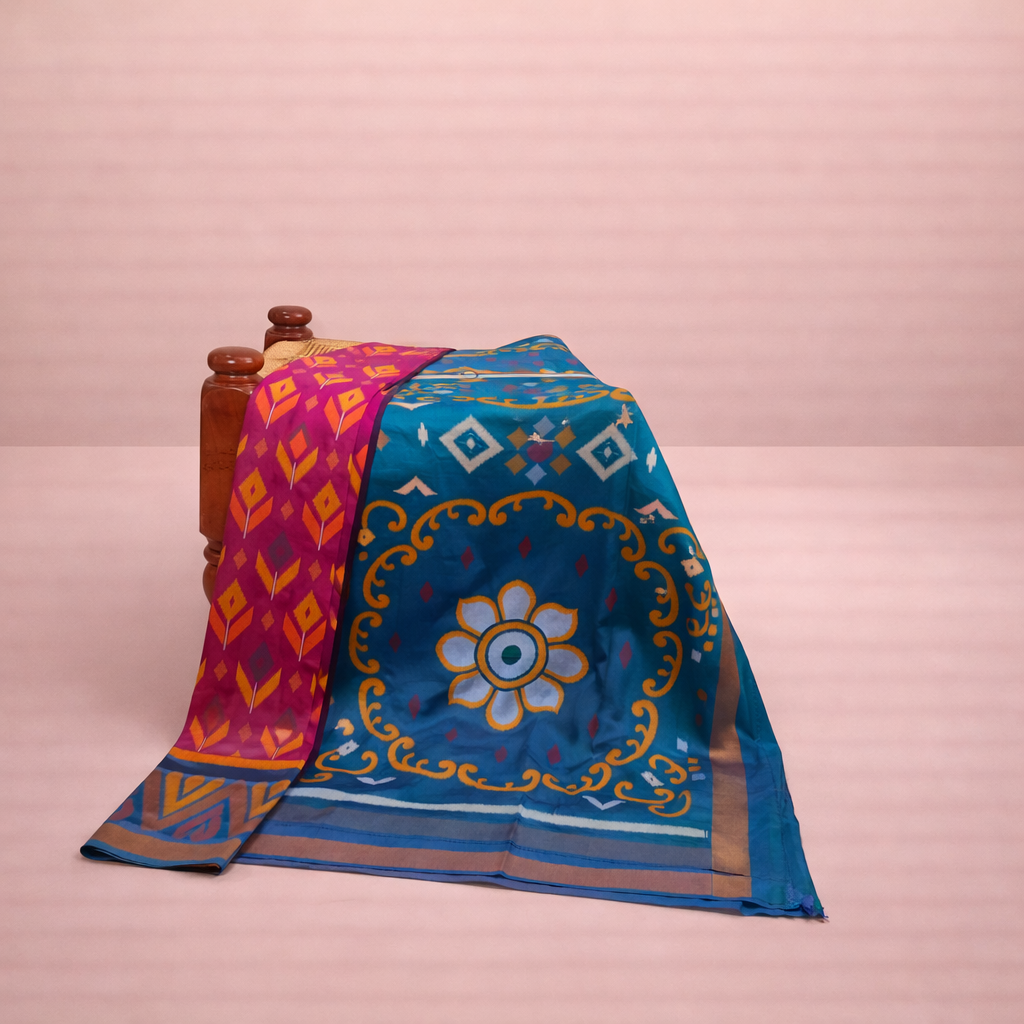 PIK-011 – Rani Pink & Blue Pochampally Ikkat Silk Saree