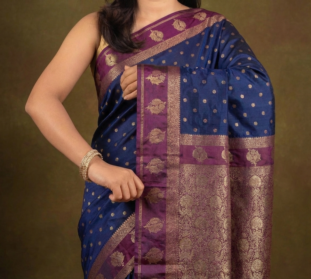 Classic Navy Blue Resham Silk Saree with Wine Zari Border