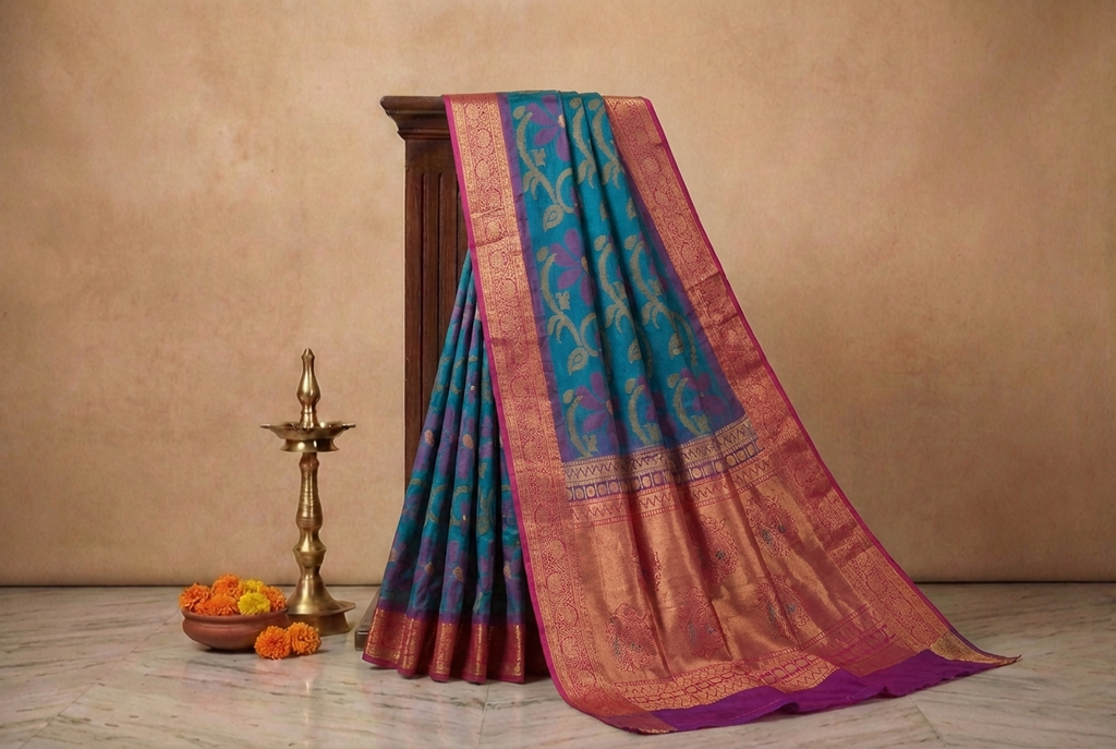 PI 01 Royal Teal & Magenta Zari Floral Silk Saree