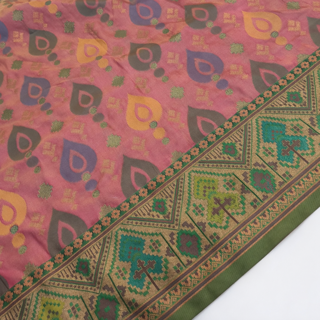 Coral Peach & Olive Pochampally Ikkat Silk Saree