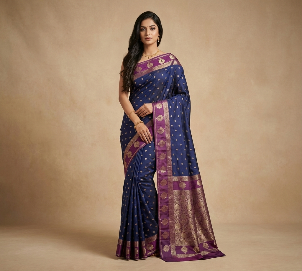 Classic Navy Blue Resham Silk Saree with Wine Zari Border