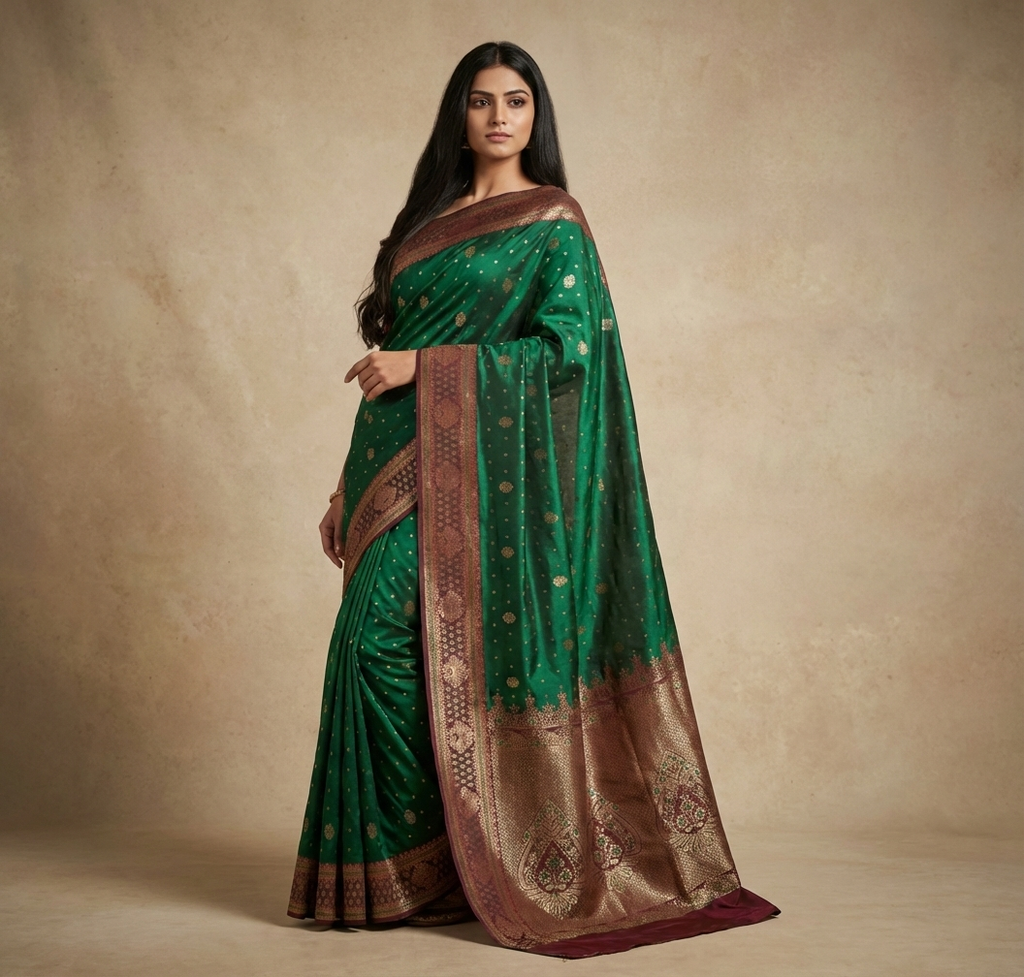 Emerald Green & Wine Resham Silk Saree With Zari Work - No. AA2602