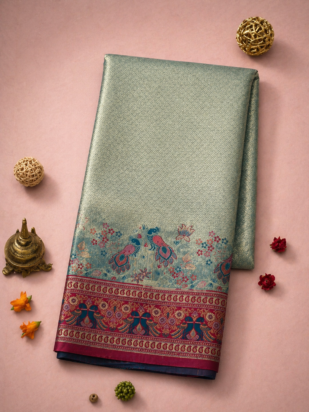 Sage Green Soft Silk Kanjivaram Saree with Magenta Peacock and Floral Nature Border