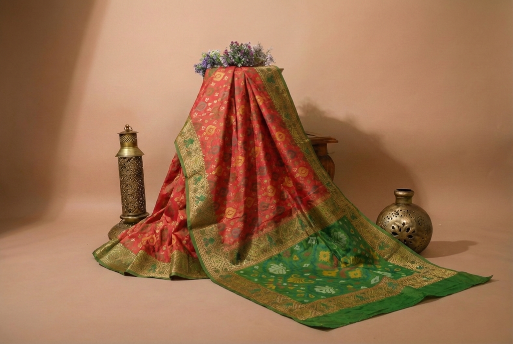 Coral Peach & Olive Pochampally Ikkat Silk Saree