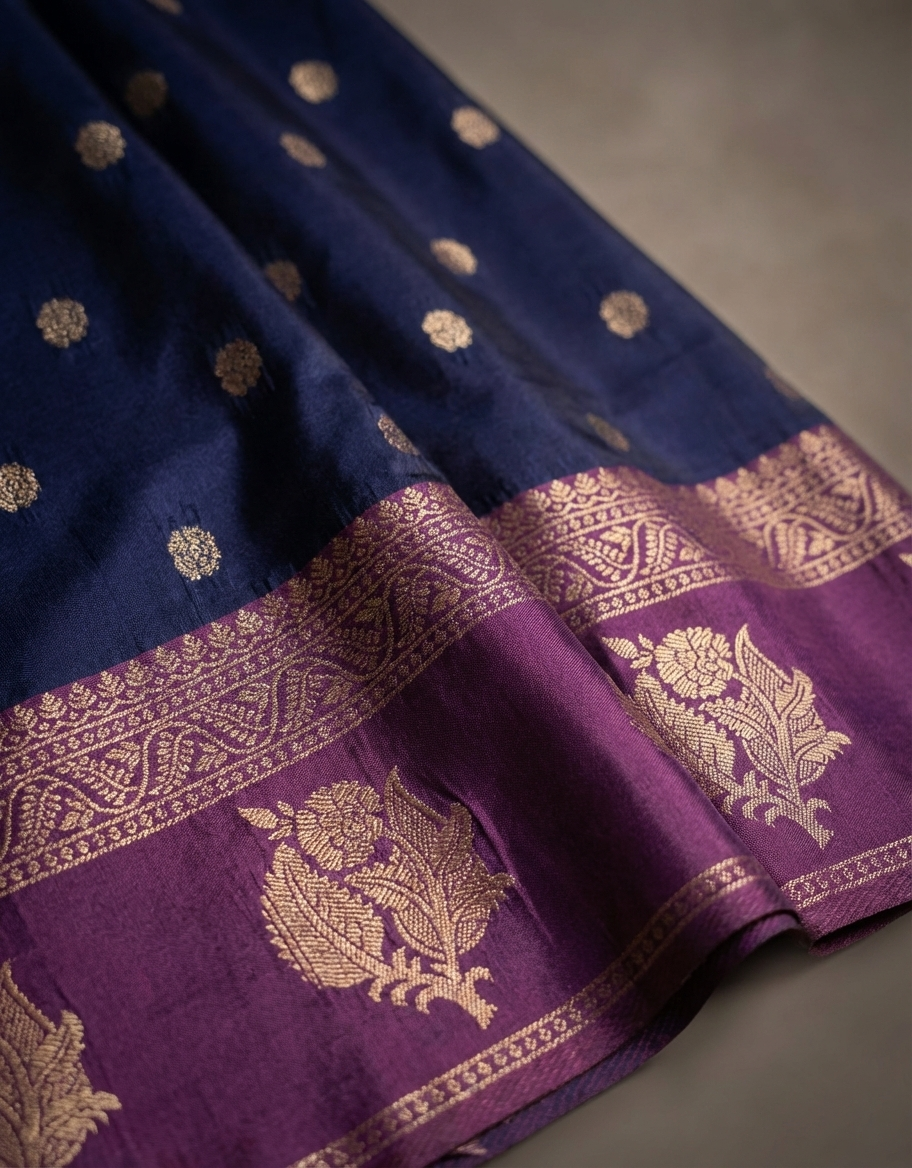 Classic Navy Blue Resham Silk Saree with Wine Zari Border