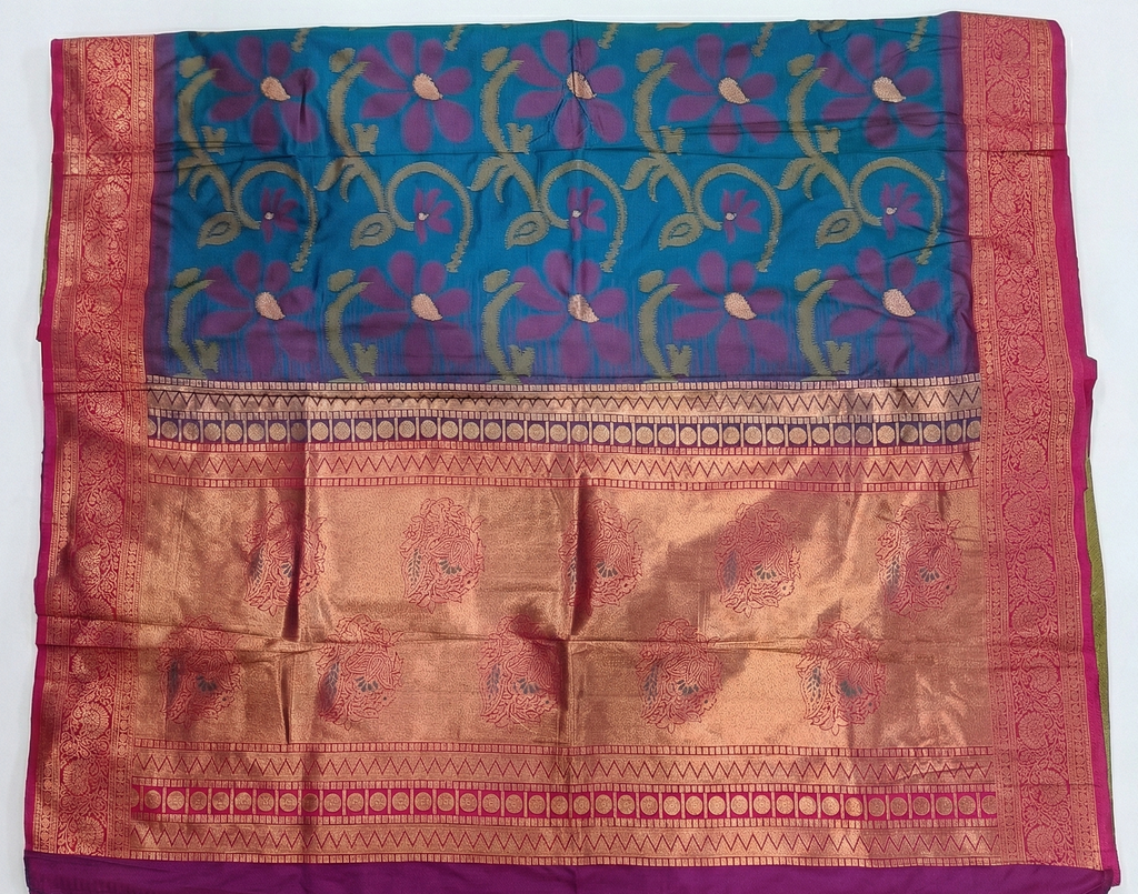 PI 01 Royal Teal & Magenta Zari Floral Silk Saree