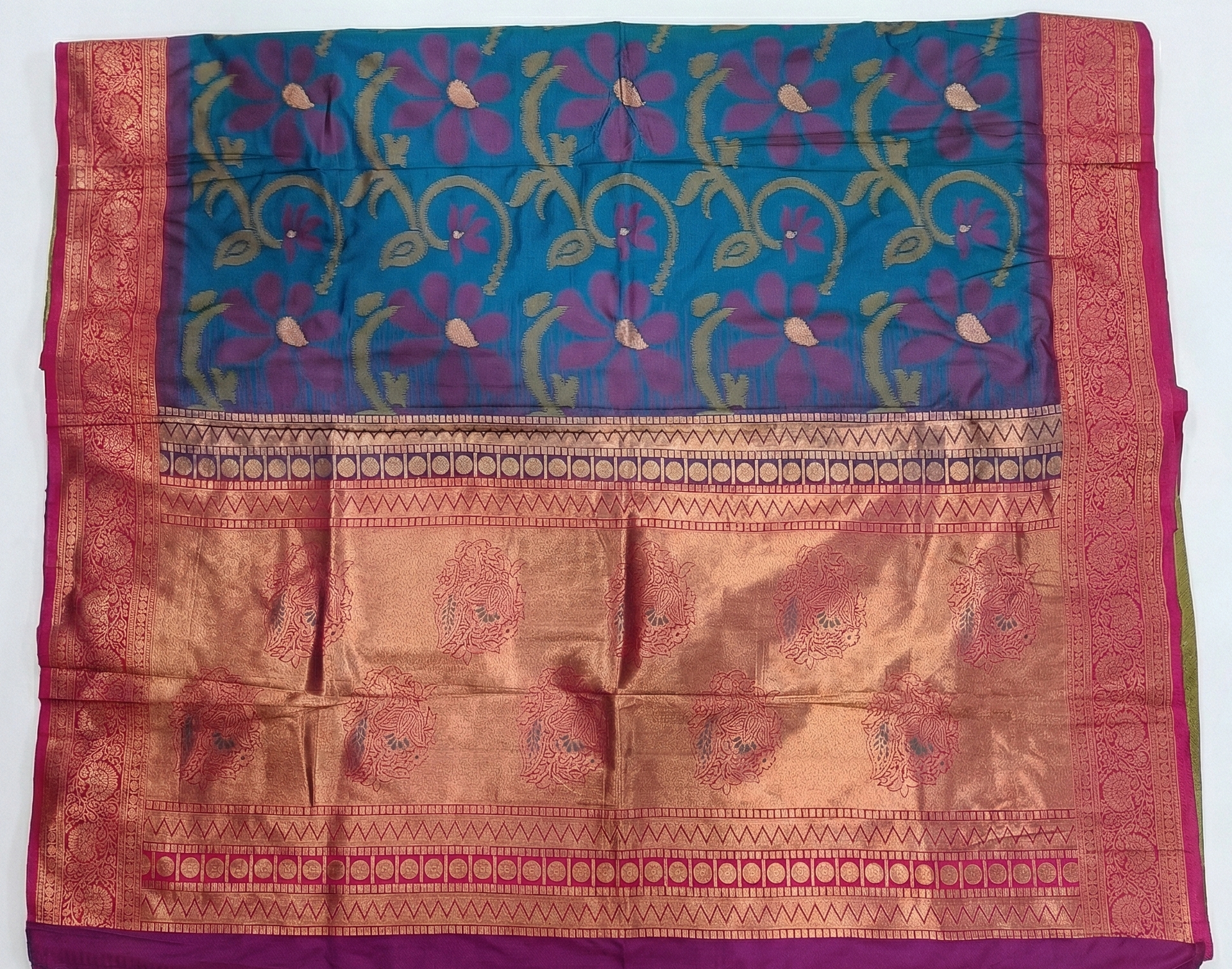 PI 01 Royal Teal & Magenta Zari Floral Silk Saree