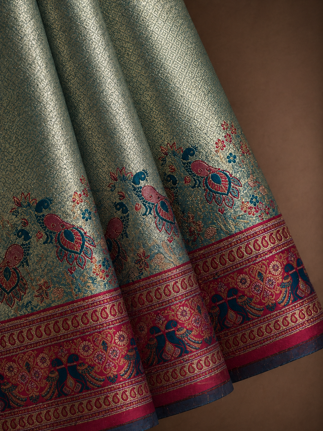 Sage Green Soft Silk Kanjivaram Saree with Magenta Peacock and Floral Nature Border