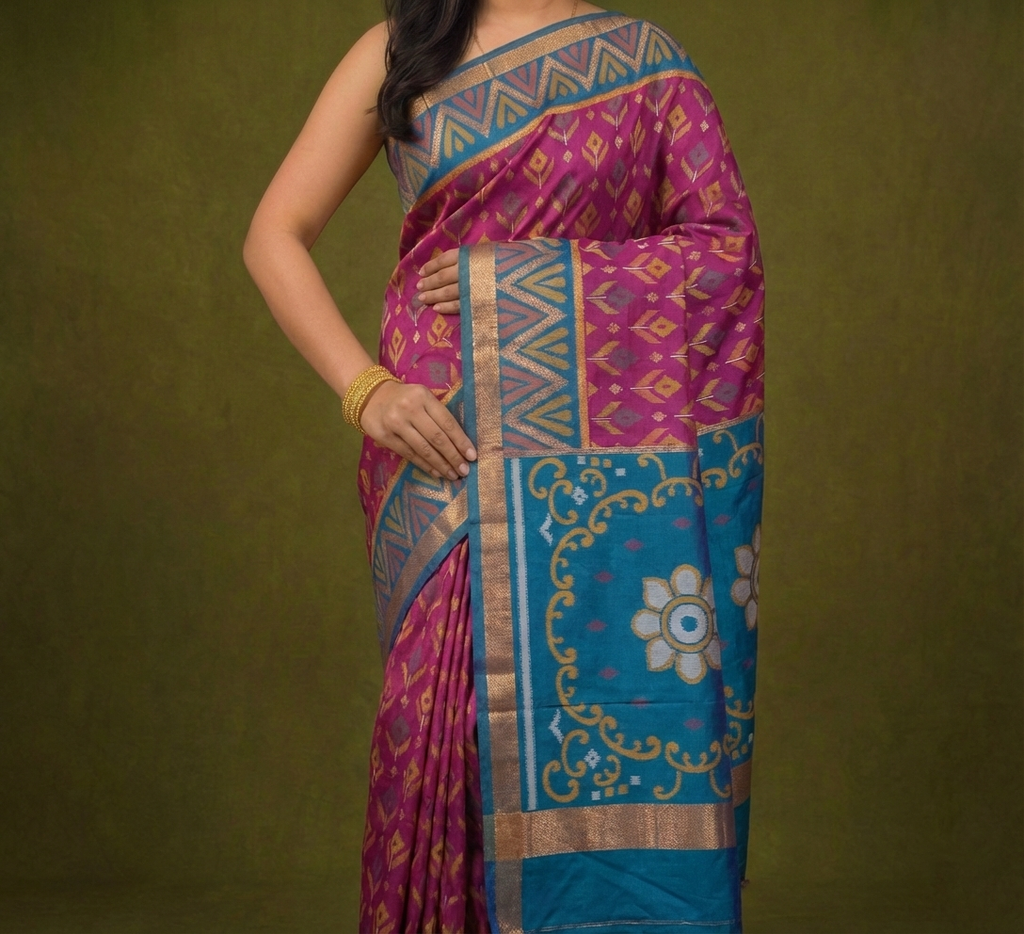PIK-011 – Rani Pink & Blue Pochampally Ikkat Silk Saree