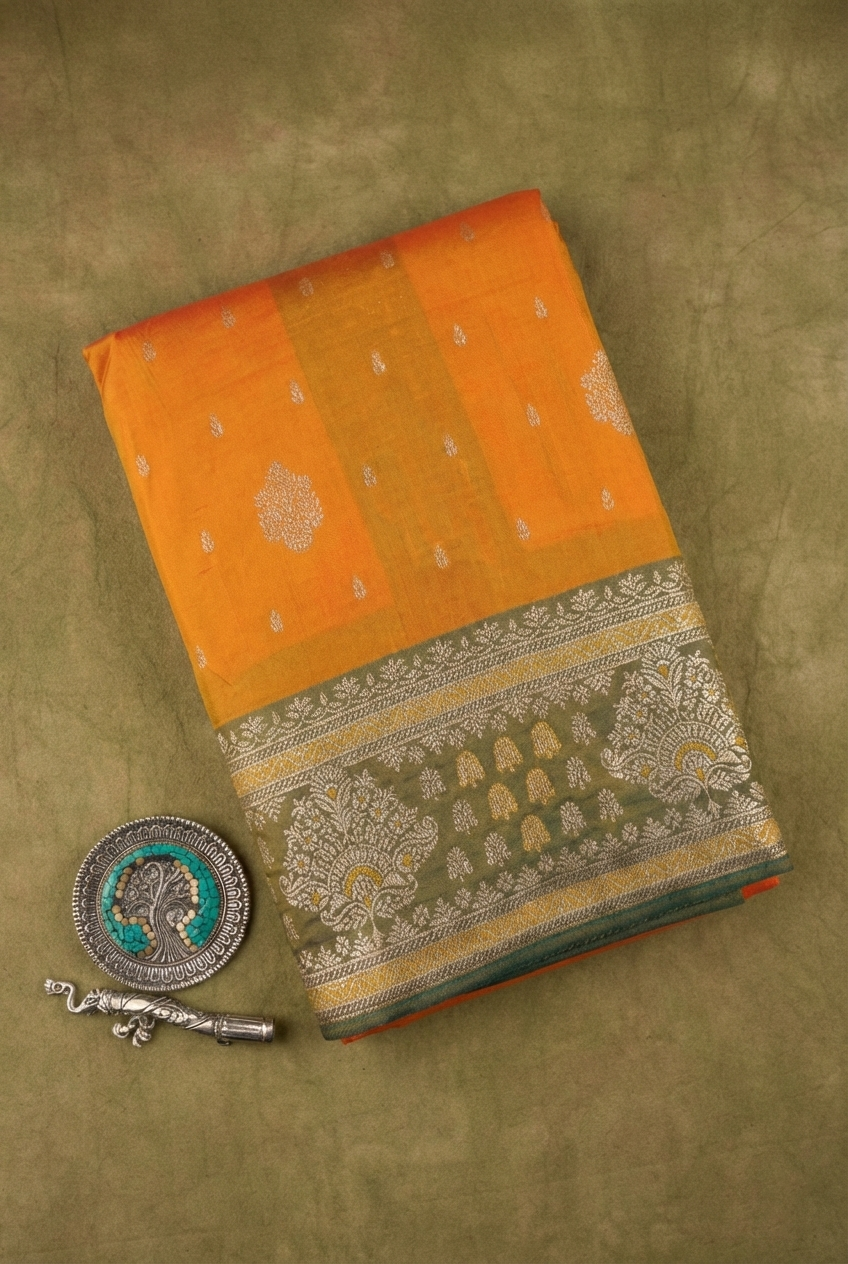Mustard Yellow & Olive Resham Kanjivaram Silk Saree With Zari Border - No. AA2602