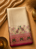 Champagne Gold Soft Silk Kanjivaram Saree with Magenta Peacock Nature Border