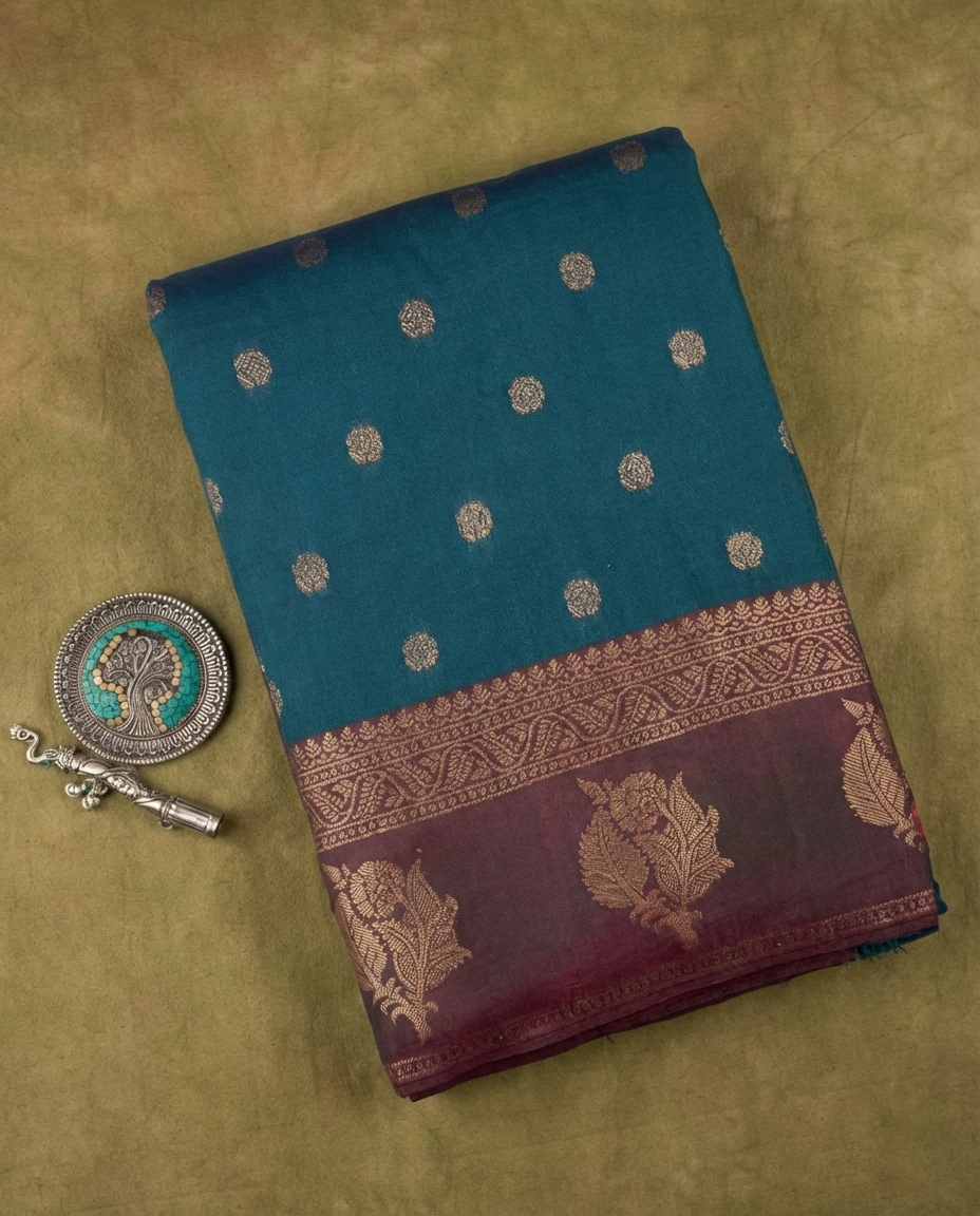 Graceful Teal Green Resham Silk Saree with Maroon Zari Border