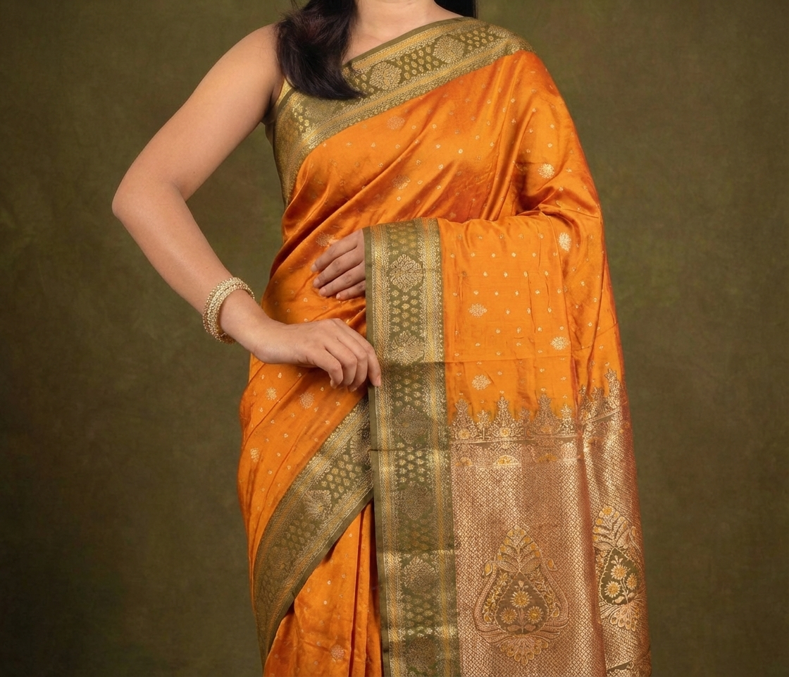Mustard Yellow & Olive Resham Kanjivaram Silk Saree With Zari Border - No. AA2602