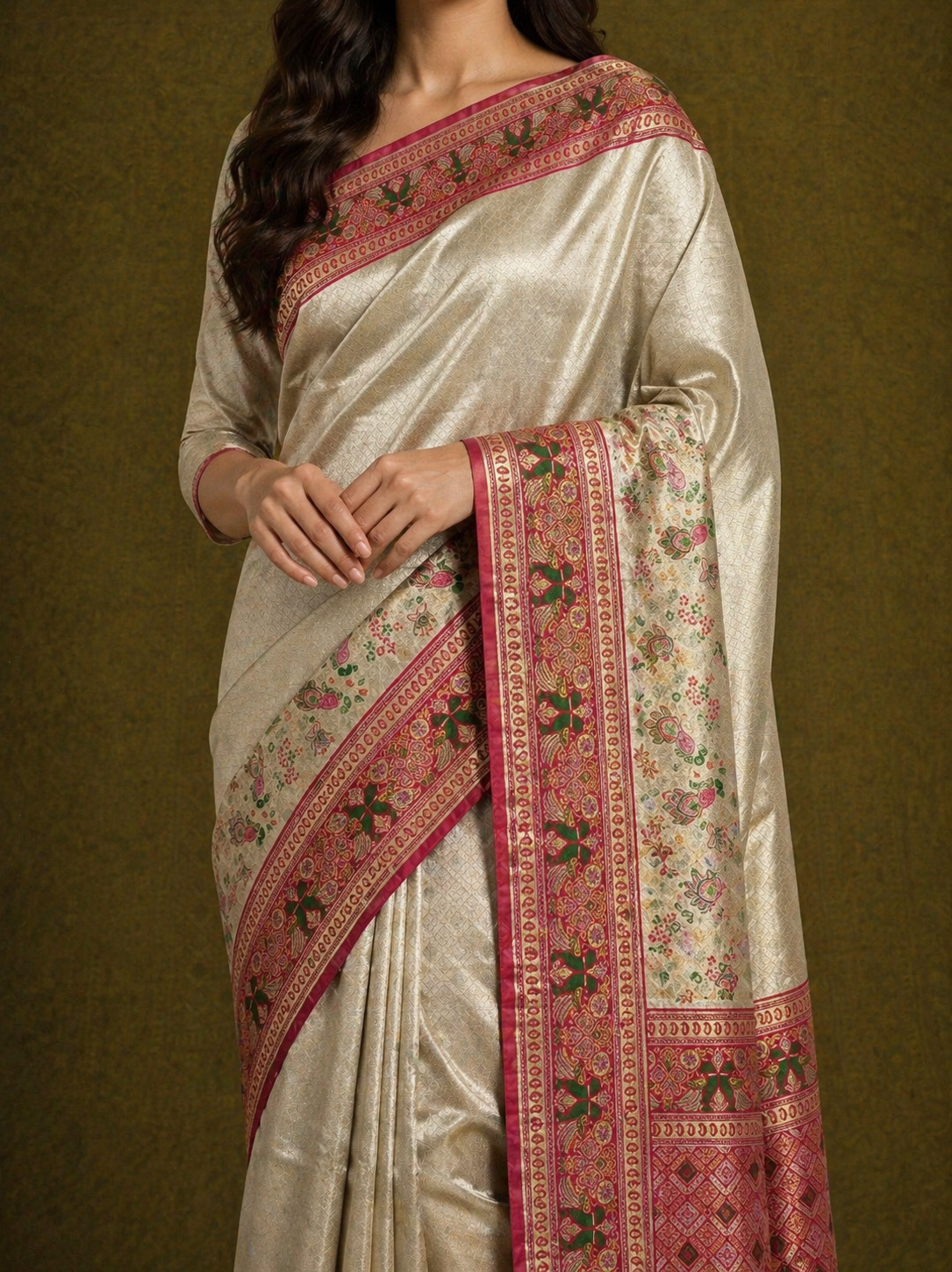 Champagne Gold Soft Silk Kanjivaram Saree with Magenta Peacock Nature Border