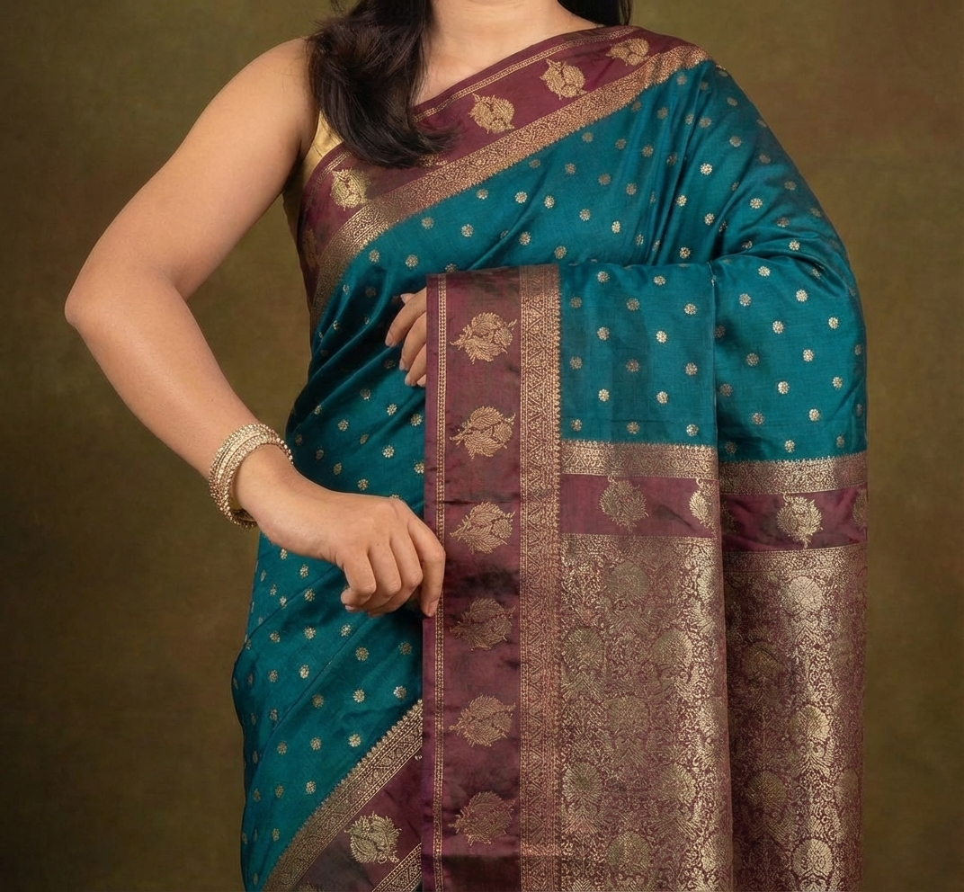 Graceful Teal Green Resham Silk Saree with Maroon Zari Border