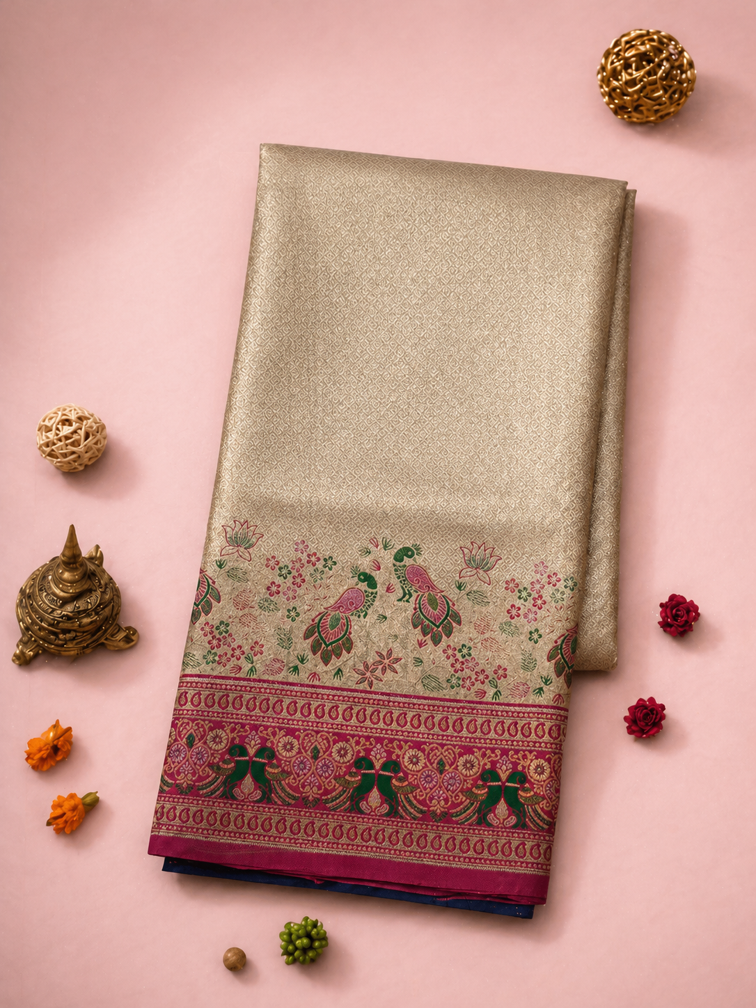 Champagne Gold Soft Silk Kanjivaram Saree with Magenta Peacock Nature Border