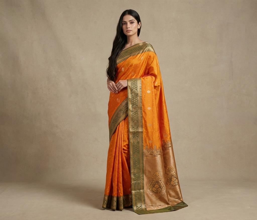 Mustard Yellow & Olive Resham Silk Saree With Zari Border - No. AA2602