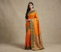 Mustard Yellow & Olive Resham Silk Saree With Zari Border - No. AA2602