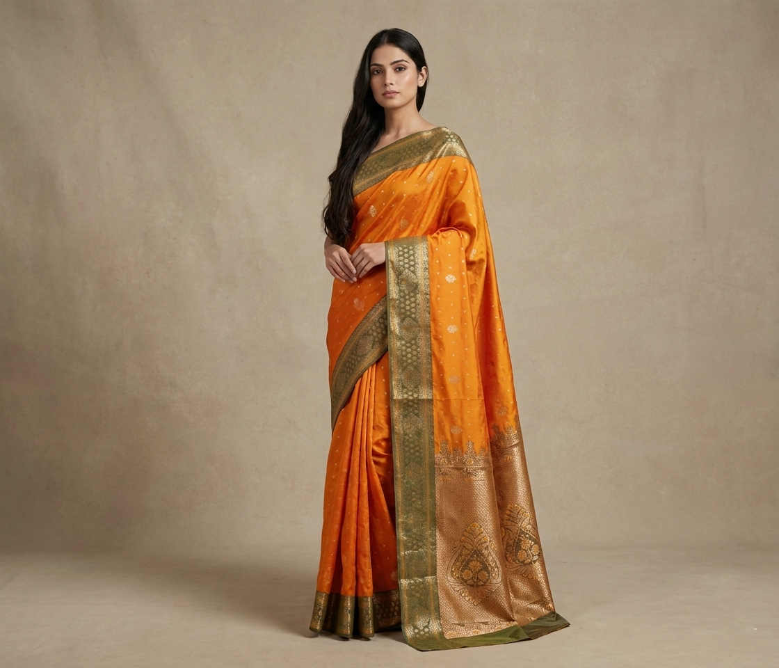 Mustard Yellow & Olive Resham Kanjivaram Silk Saree With Zari Border - No. AA2602
