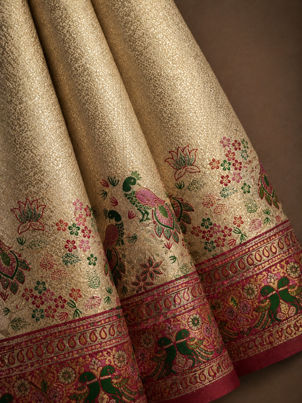 Champagne Gold Soft Silk Kanjivaram Saree with Magenta Peacock Nature Border