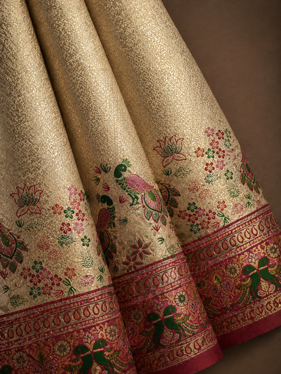 Champagne Gold Soft Silk Kanjivaram Saree with Magenta Peacock Nature Border