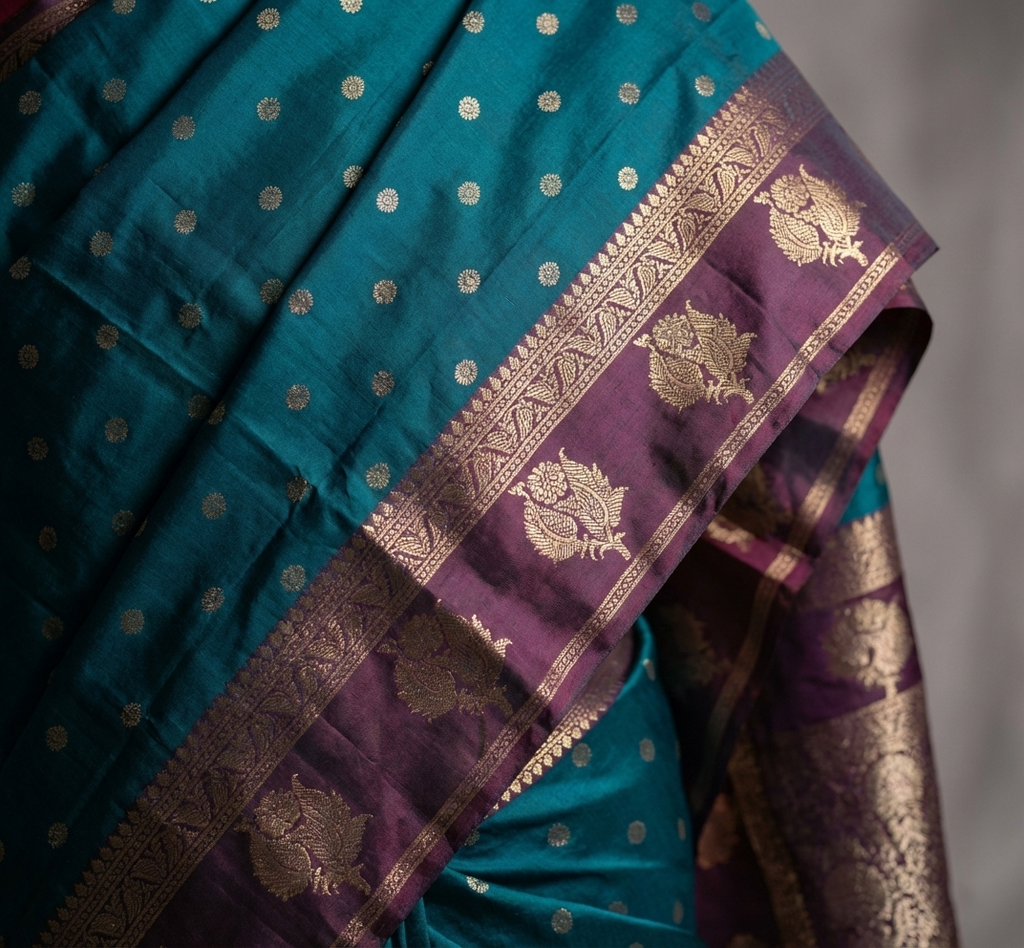 Graceful Teal Green Resham Silk Saree with Maroon Zari Border
