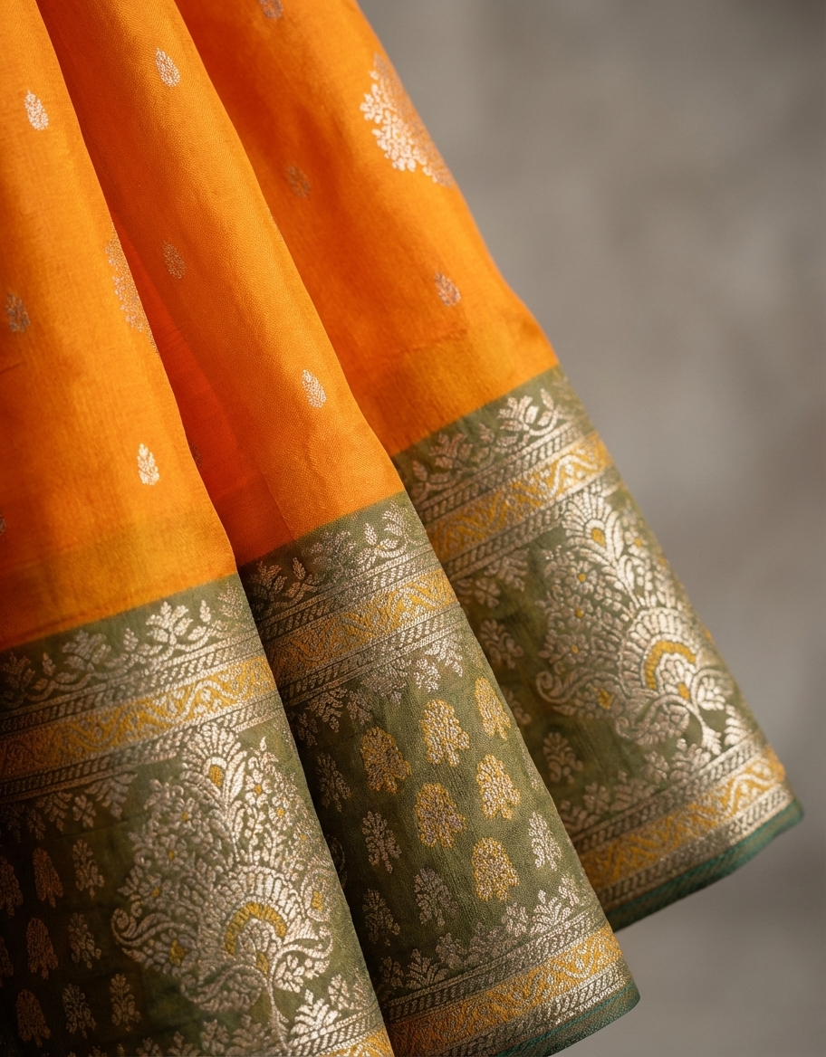 Mustard Yellow & Olive Resham Kanjivaram Silk Saree With Zari Border - No. AA2602