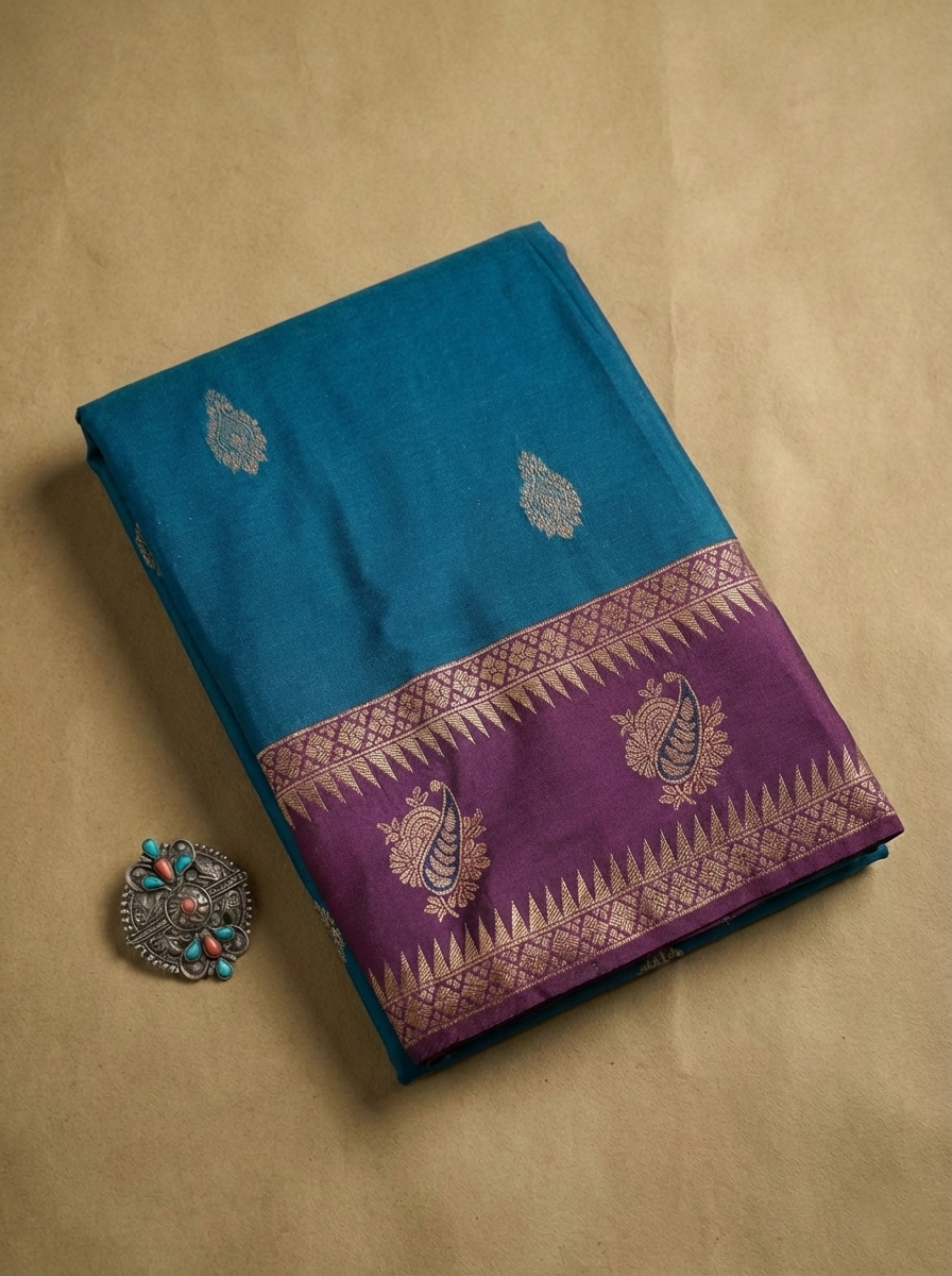 Teal Blue & Purple Resham Silk Saree With Designer Zari Border - No. AA2602