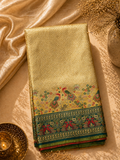 Bright Gold Soft Silk Kanjivaram Saree with Teal Peacock and Parrot Nature Border
