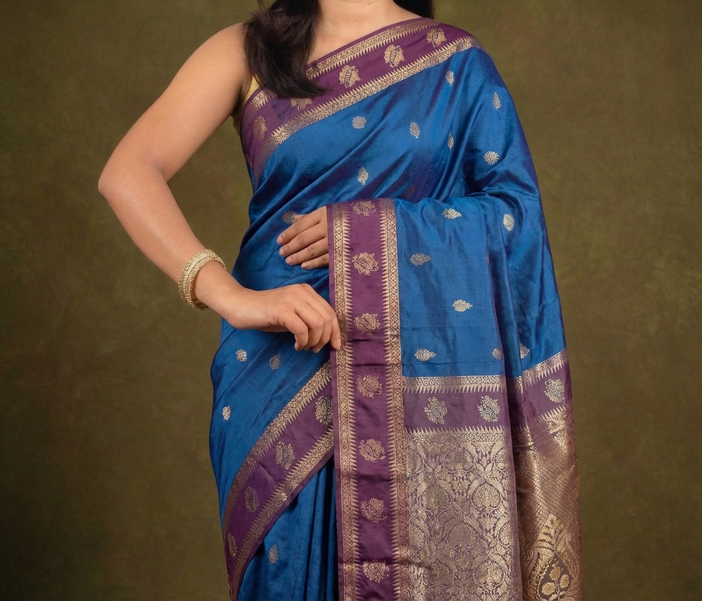 Teal Blue & Purple Resham Silk Saree With Designer Zari Border - No. AA2602