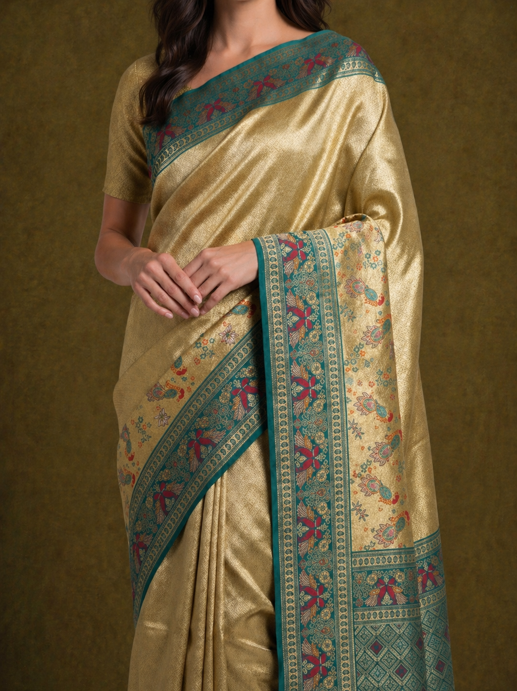 Bright Gold Soft Silk Kanjivaram Saree with Teal Peacock and Parrot Nature Border