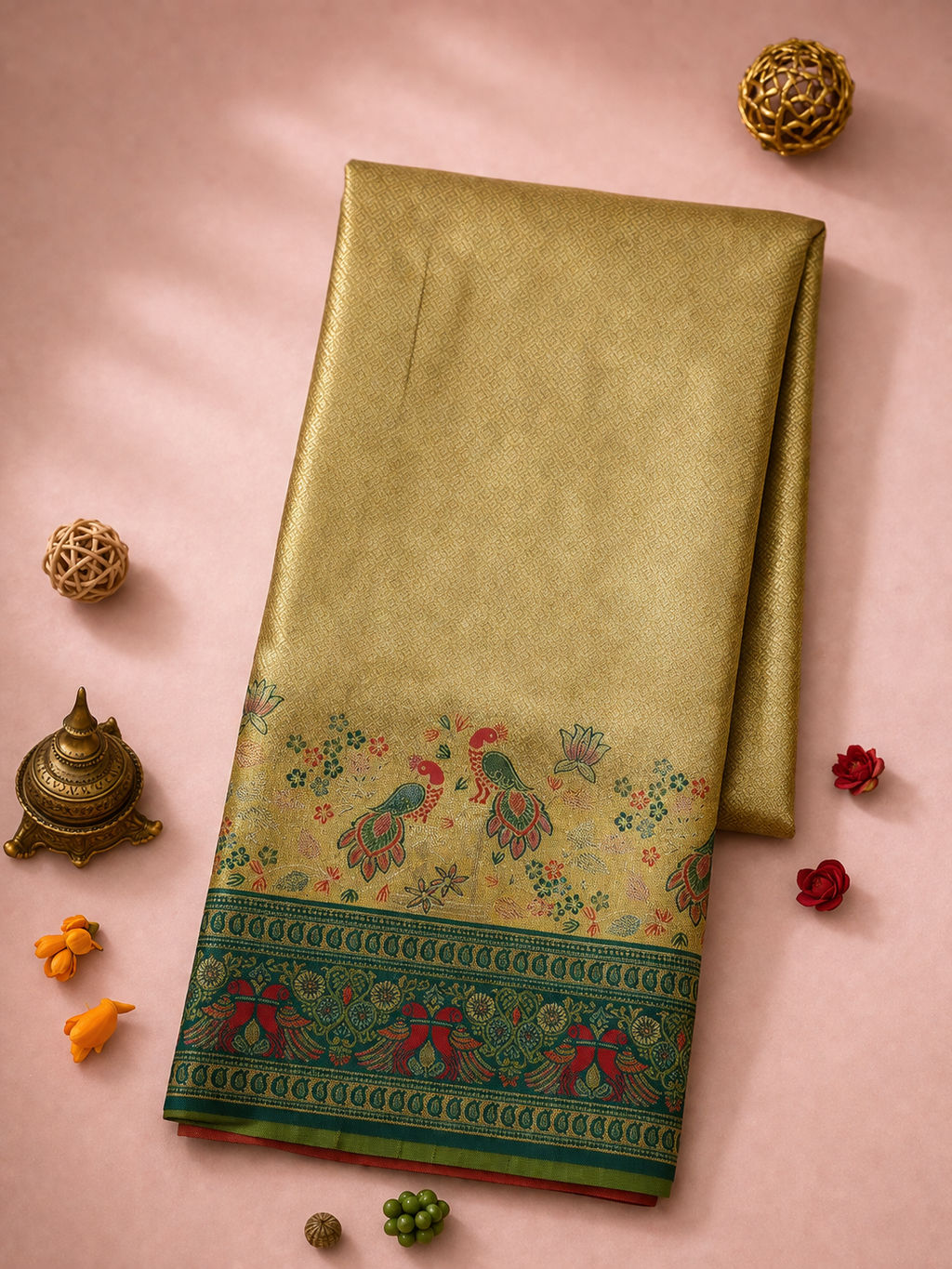 Bright Gold Soft Silk Kanjivaram Saree with Teal Peacock and Parrot Nature Border
