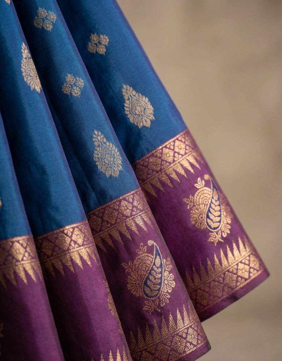 Teal Blue & Purple Resham Silk Saree With Designer Zari Border - No. AA2602