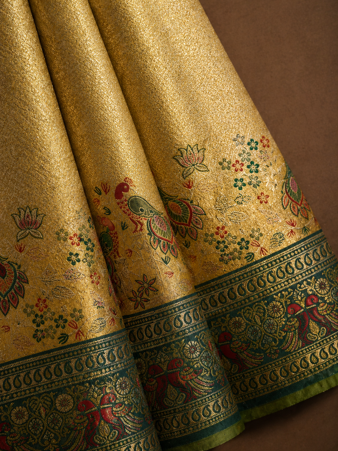 Bright Gold Soft Silk Kanjivaram Saree with Teal Peacock and Parrot Nature Border