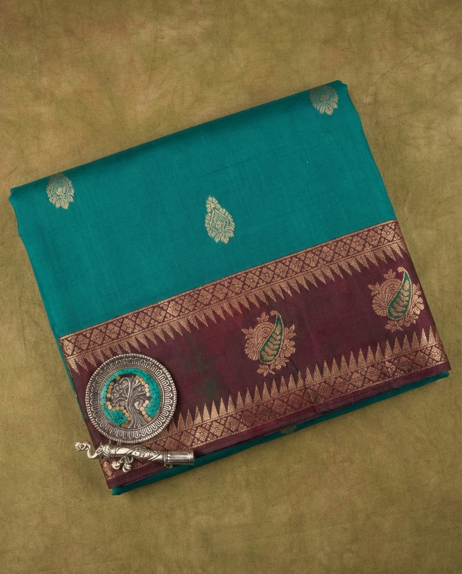Sea Green & Maroon Resham Kanjivaram Silk Saree With Traditional Zari Work - No. AA2602