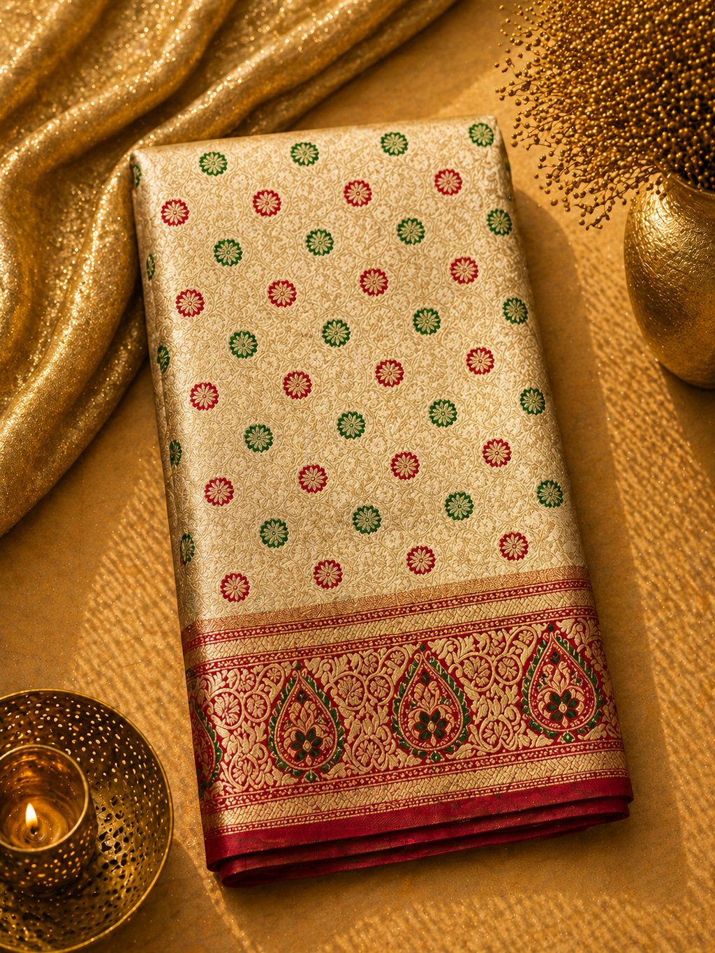 Cream Gold Soft Silk Kanjivaram Saree with Crimson Meenakari Floral Butti and Paisley Border