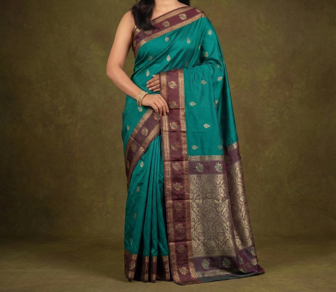 Sea Green & Maroon Resham Kanjivaram Silk Saree With Traditional Zari Work - No. AA2602