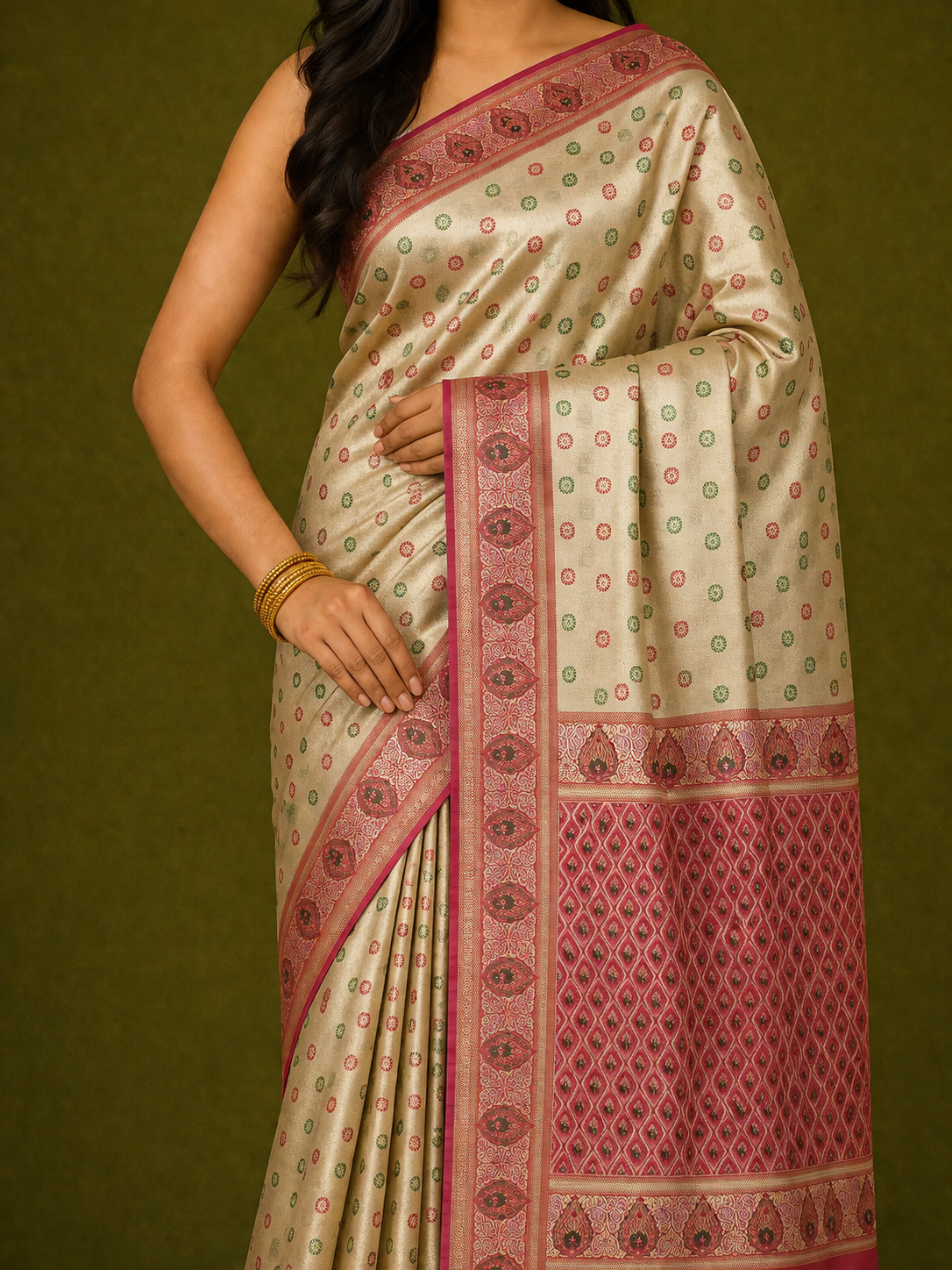 Cream Gold Soft Silk Kanjivaram Saree with Crimson Meenakari Floral Butti and Paisley Border