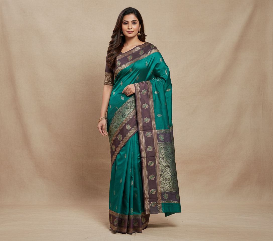 Sea Green & Maroon Resham Kanjivaram Silk Saree With Traditional Zari Work - No. AA2602