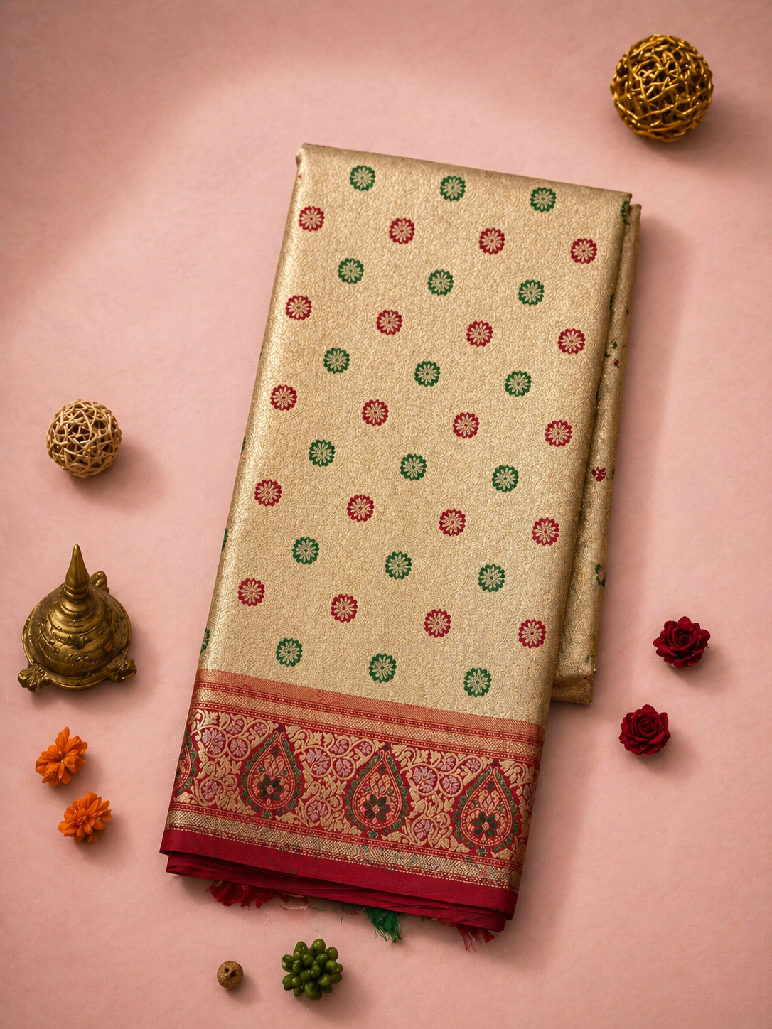 Cream Gold Soft Silk Kanjivaram Saree with Crimson Meenakari Floral Butti and Paisley Border